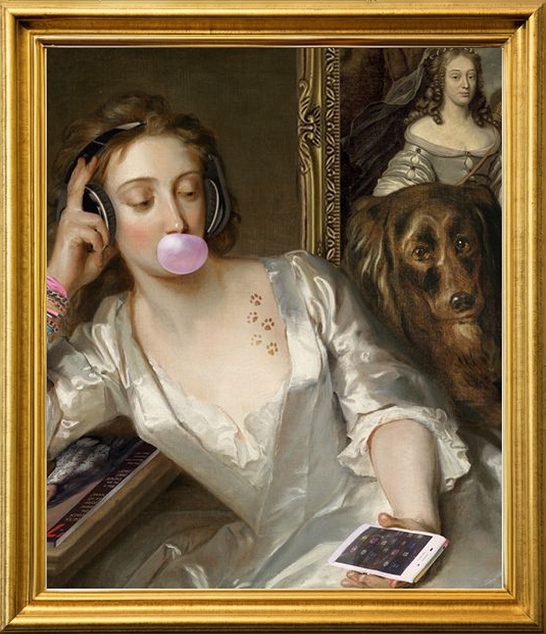 Portrait painting with headphones and bubblegum